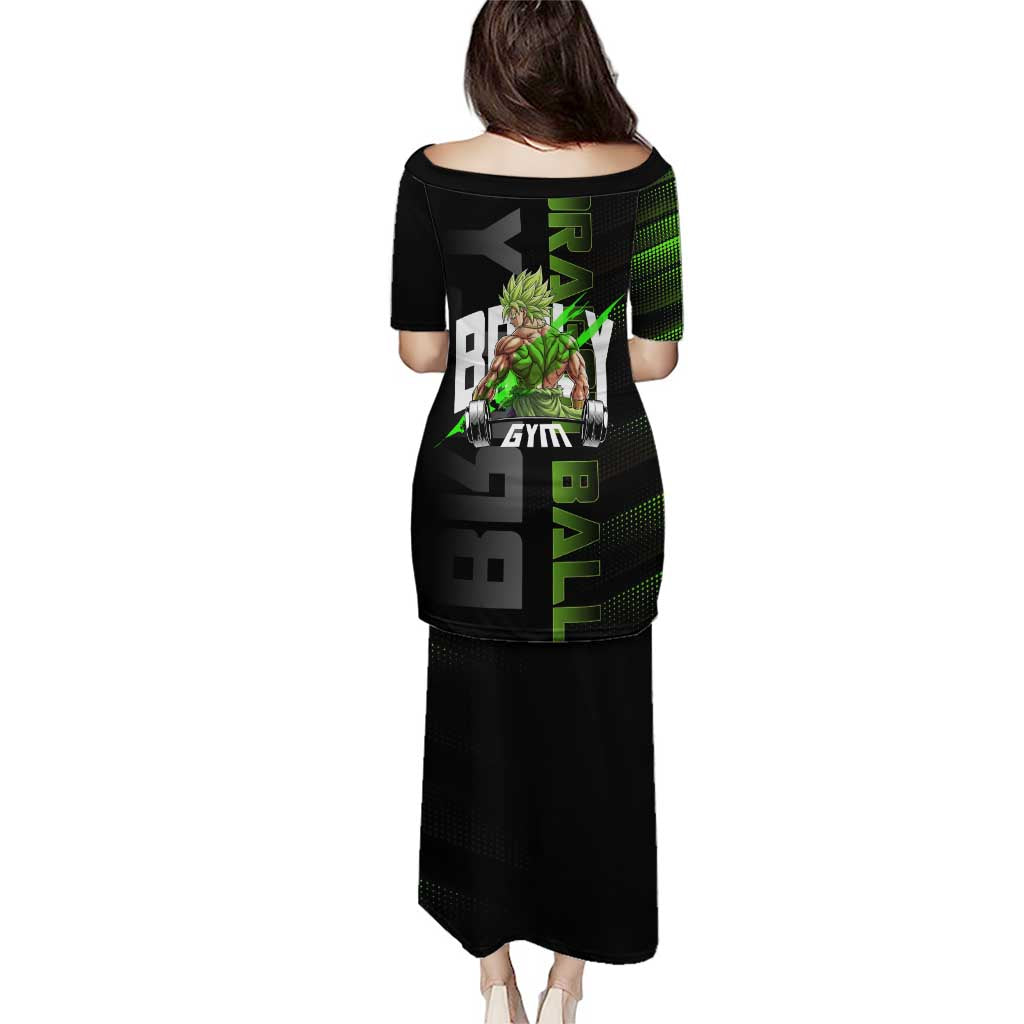 Broly Gym Theme Black and Green Design Family Matching Puletasi and Hawaiian Shirt with Powerlifting Pose and Electrified Muscle Artwork