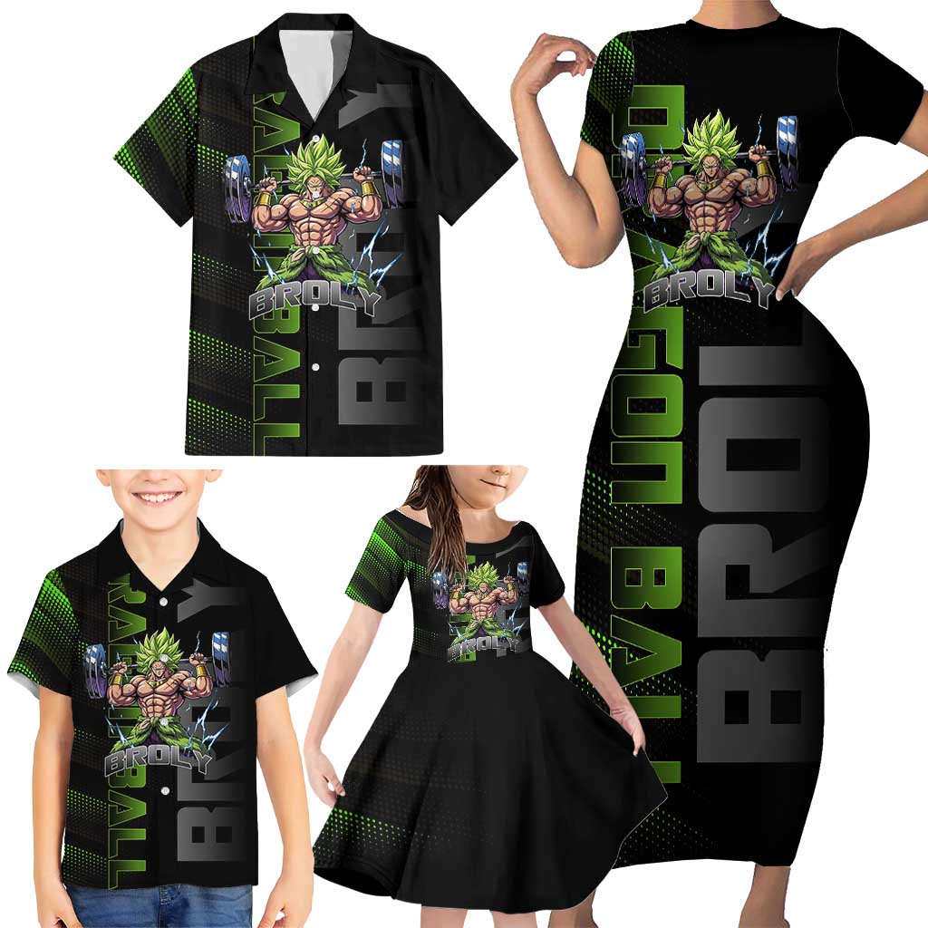 Broly Gym Theme Black and Green Design Family Matching Short Sleeve Bodycon Dress and Hawaiian Shirt with Powerlifting Pose and Electrified Muscle Artwork