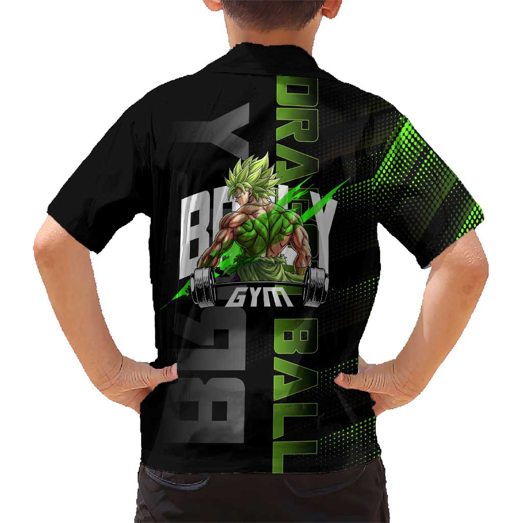 Broly Gym Theme Black and Green Design Family Matching Short Sleeve Bodycon Dress and Hawaiian Shirt with Powerlifting Pose and Electrified Muscle Artwork