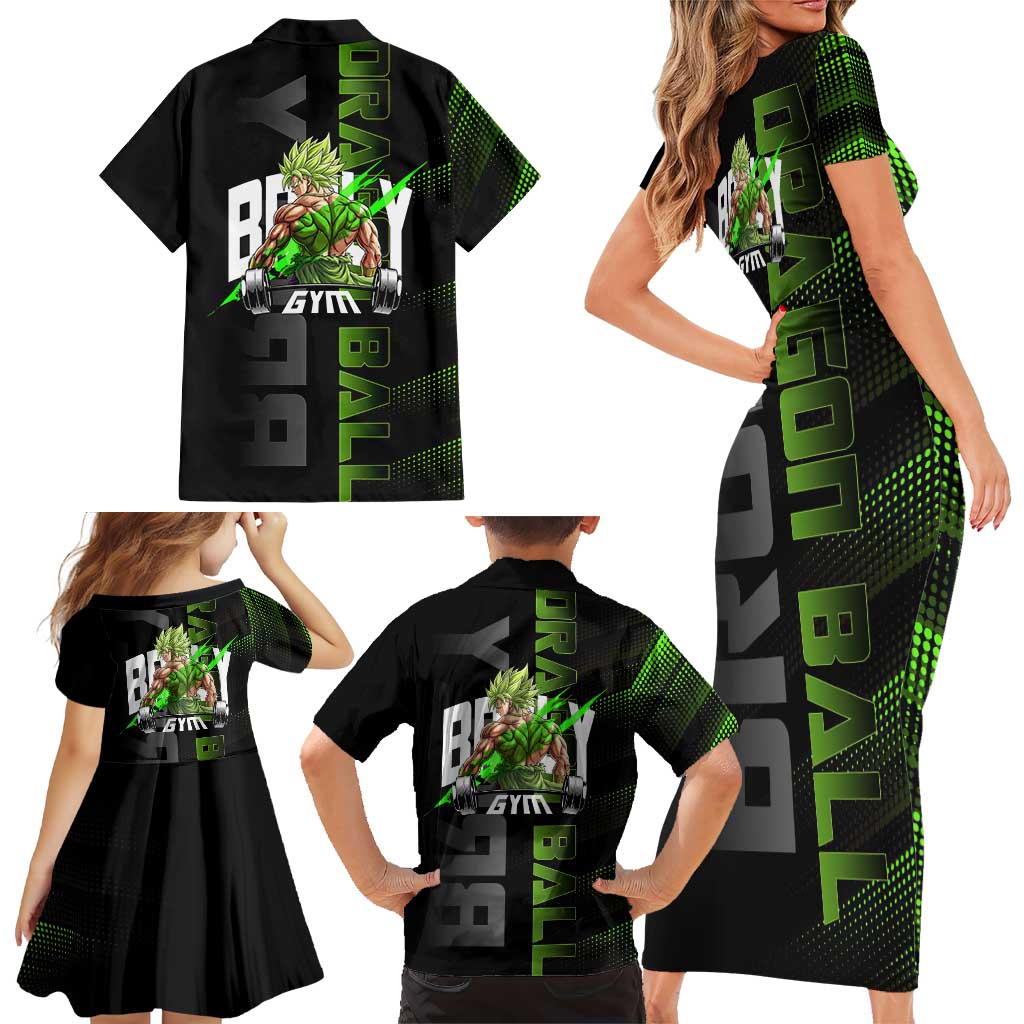 Broly Gym Theme Black and Green Design Family Matching Short Sleeve Bodycon Dress and Hawaiian Shirt with Powerlifting Pose and Electrified Muscle Artwork