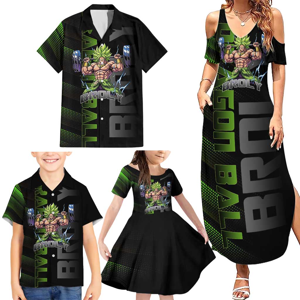Broly Gym Theme Black and Green Design Family Matching Summer Maxi Dress and Hawaiian Shirt with Powerlifting Pose and Electrified Muscle Artwork