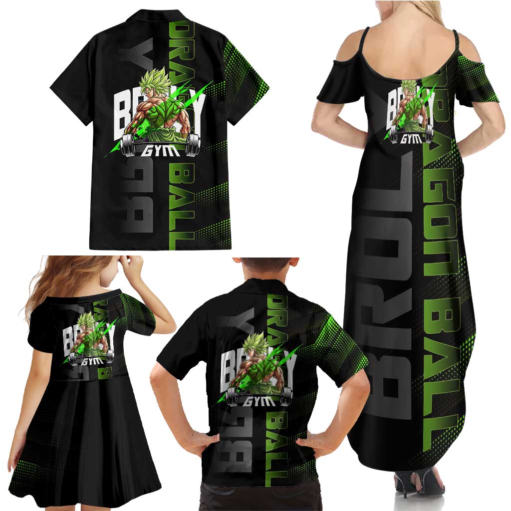 Broly Gym Theme Black and Green Design Family Matching Summer Maxi Dress and Hawaiian Shirt with Powerlifting Pose and Electrified Muscle Artwork