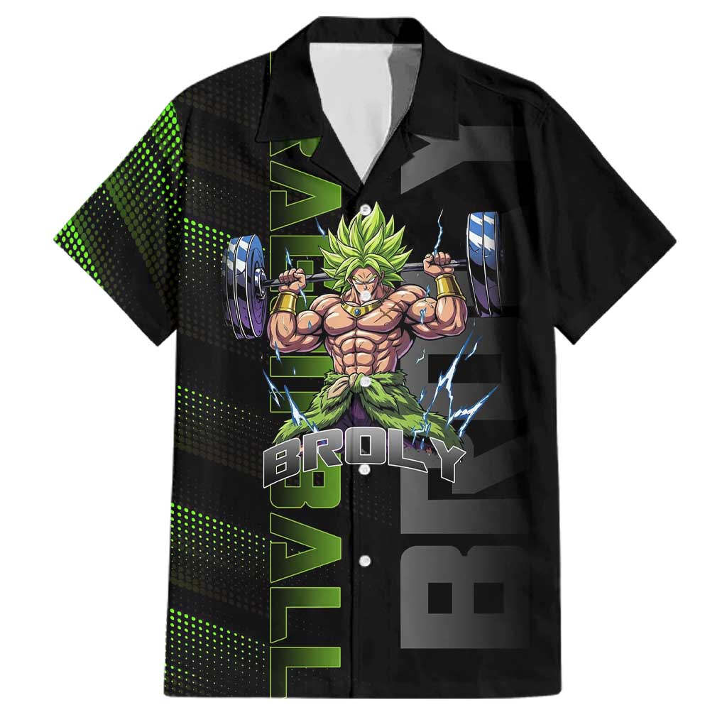 Broly Gym Theme Black and Green Design Family Matching Summer Maxi Dress and Hawaiian Shirt with Powerlifting Pose and Electrified Muscle Artwork