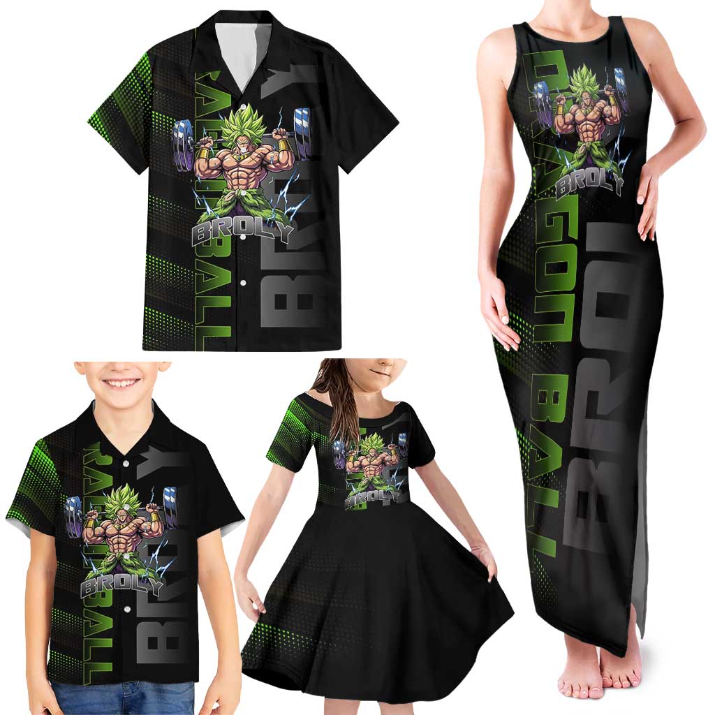 Broly Gym Theme Black and Green Design Family Matching Tank Maxi Dress and Hawaiian Shirt with Powerlifting Pose and Electrified Muscle Artwork