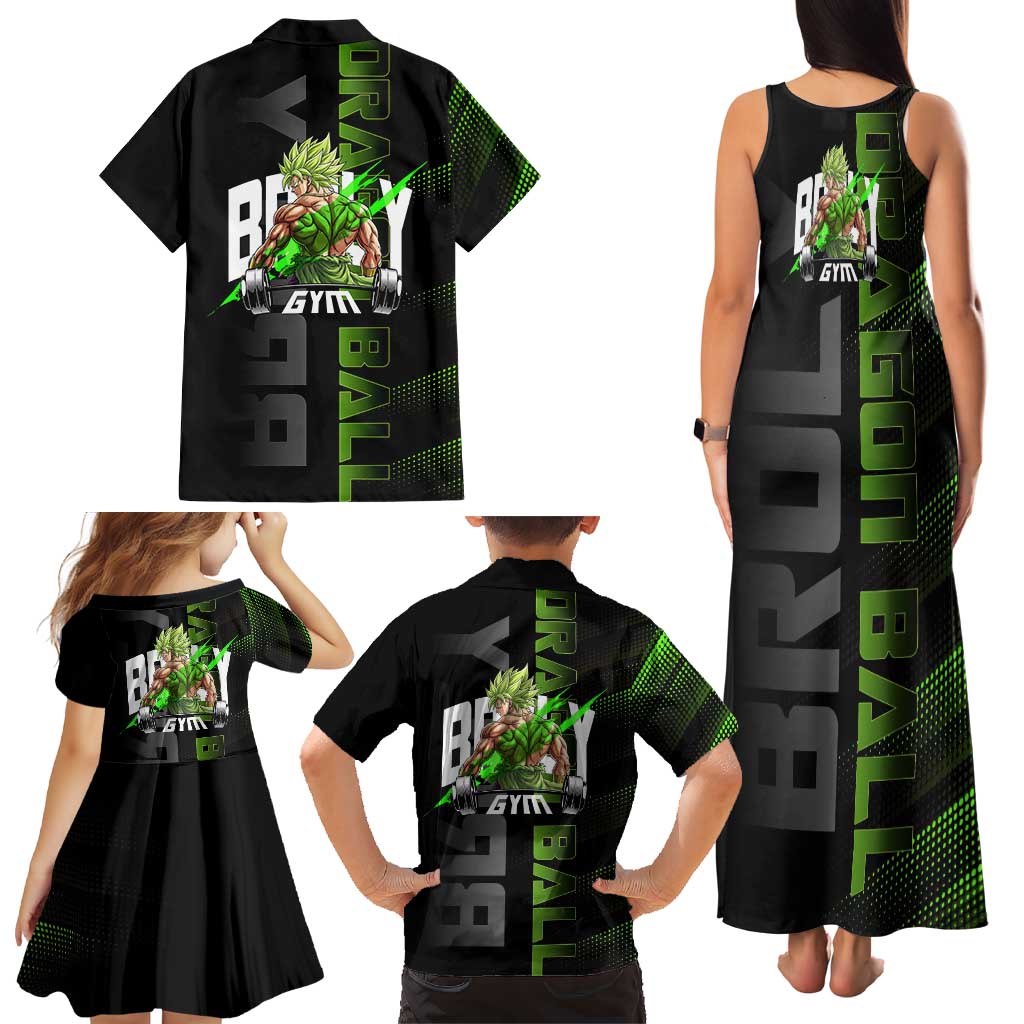 Broly Gym Theme Black and Green Design Family Matching Tank Maxi Dress and Hawaiian Shirt with Powerlifting Pose and Electrified Muscle Artwork