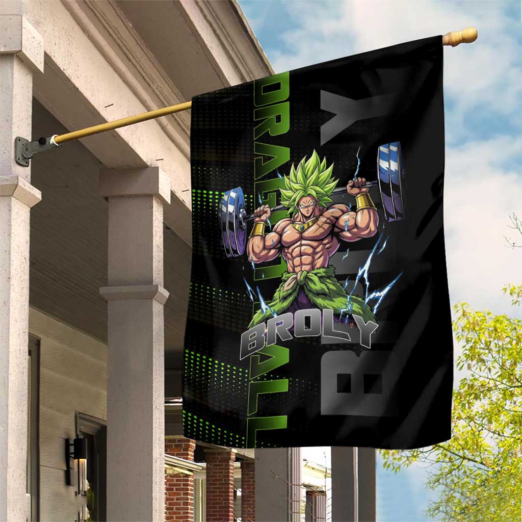 Broly Gym Theme Black and Green Design Garden Flag with Powerlifting Pose and Electrified Muscle Artwork - The Mazicc