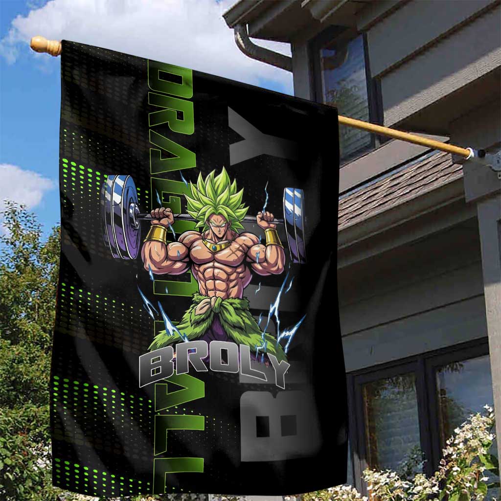 Broly Gym Theme Black and Green Design Garden Flag with Powerlifting Pose and Electrified Muscle Artwork - The Mazicc