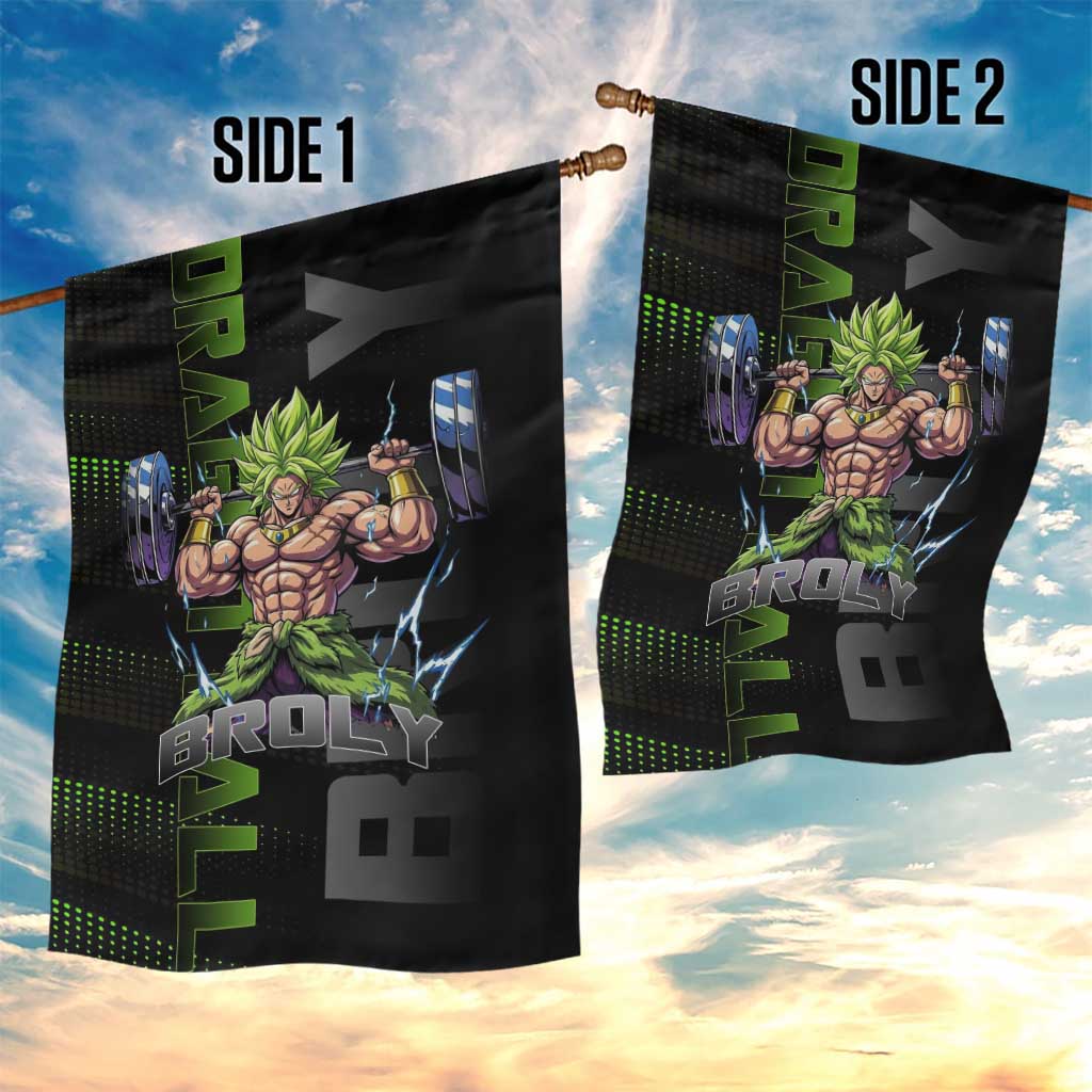 Broly Gym Theme Black and Green Design Garden Flag with Powerlifting Pose and Electrified Muscle Artwork - The Mazicc