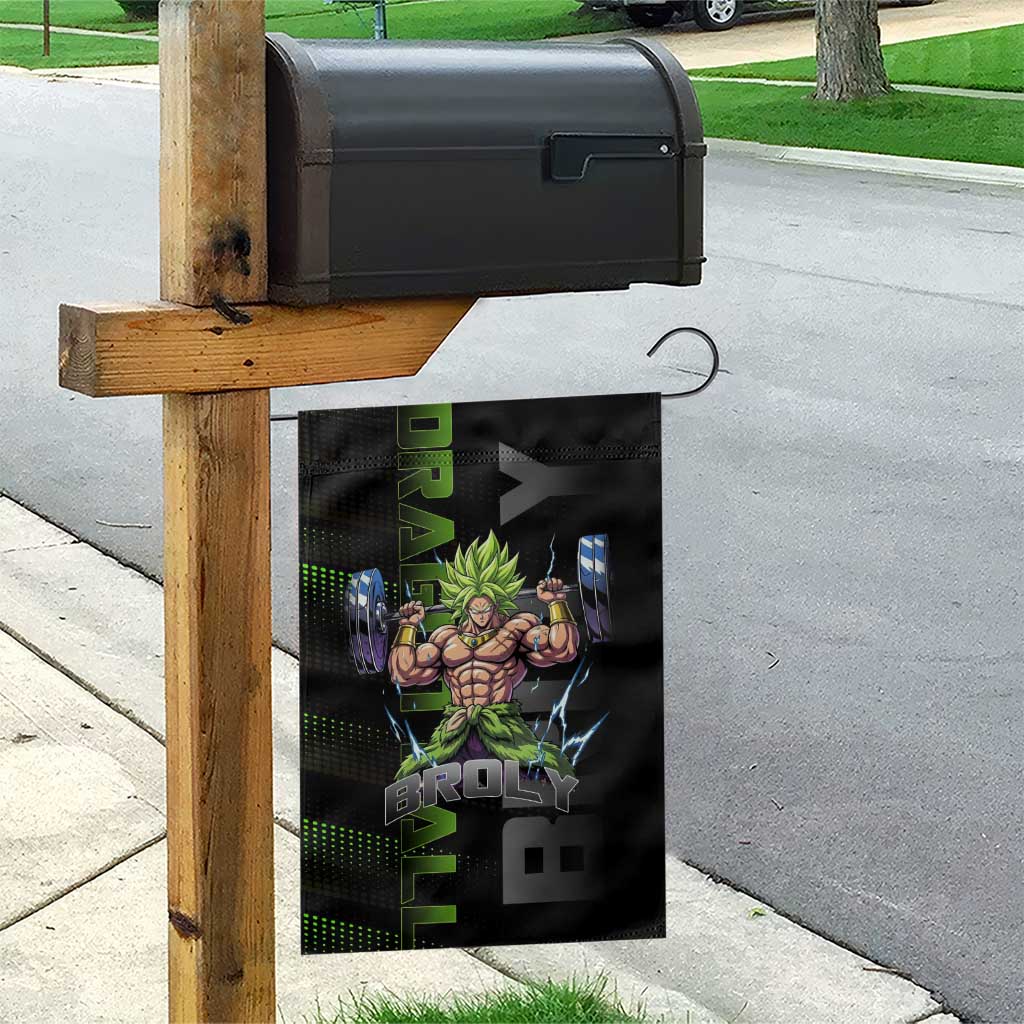 Broly Gym Theme Black and Green Design Garden Flag with Powerlifting Pose and Electrified Muscle Artwork - The Mazicc