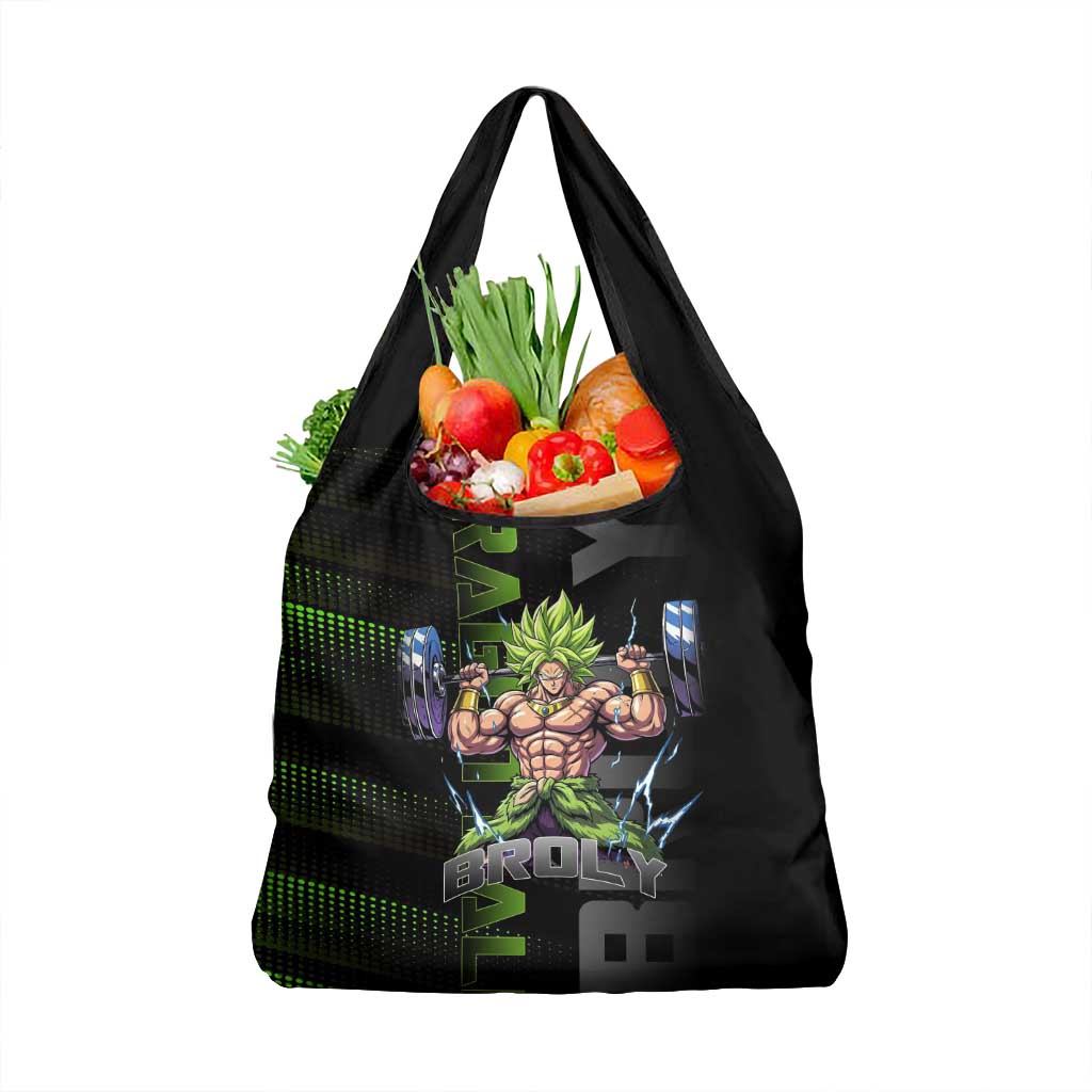 Broly Gym Theme Black and Green Design Grocery Bag with Powerlifting Pose and Electrified Muscle Artwork - The Mazicc