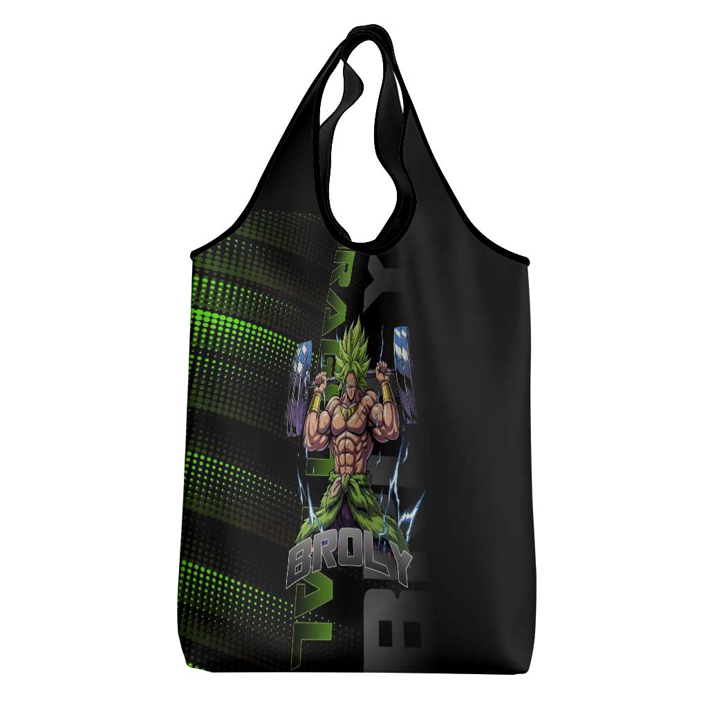 Broly Gym Theme Black and Green Design Grocery Bag with Powerlifting Pose and Electrified Muscle Artwork - The Mazicc