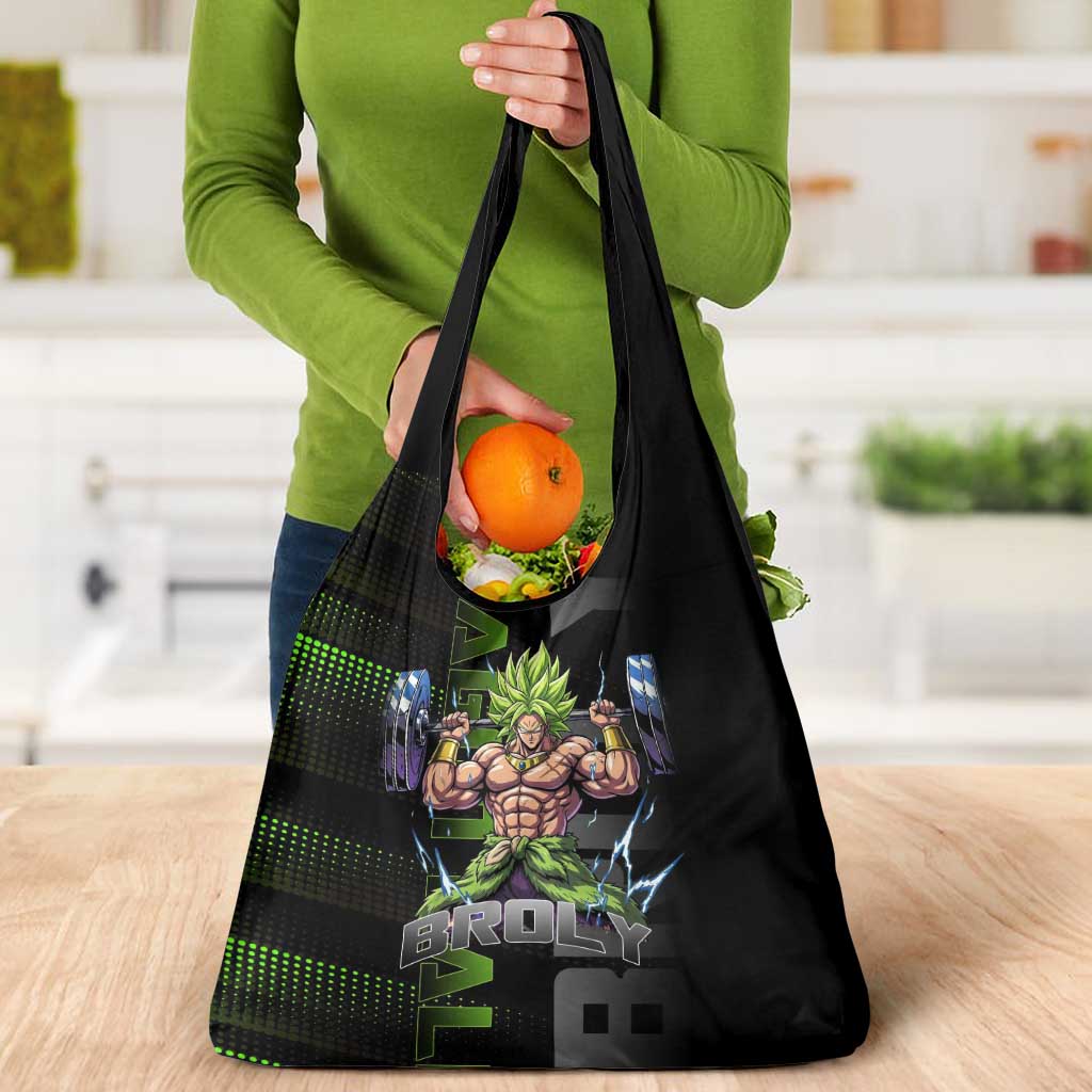 Broly Gym Theme Black and Green Design Grocery Bag with Powerlifting Pose and Electrified Muscle Artwork - The Mazicc