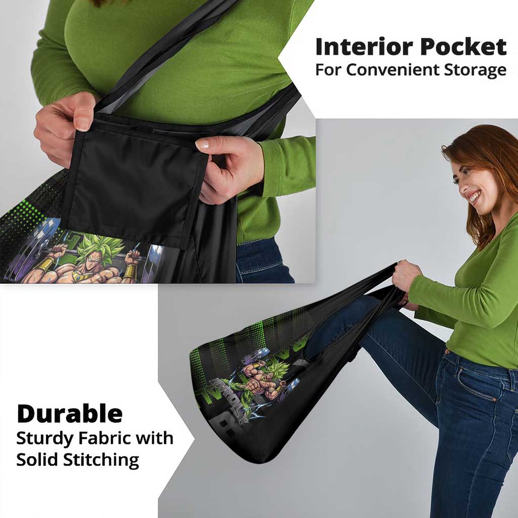 Broly Gym Theme Black and Green Design Grocery Bag with Powerlifting Pose and Electrified Muscle Artwork - The Mazicc