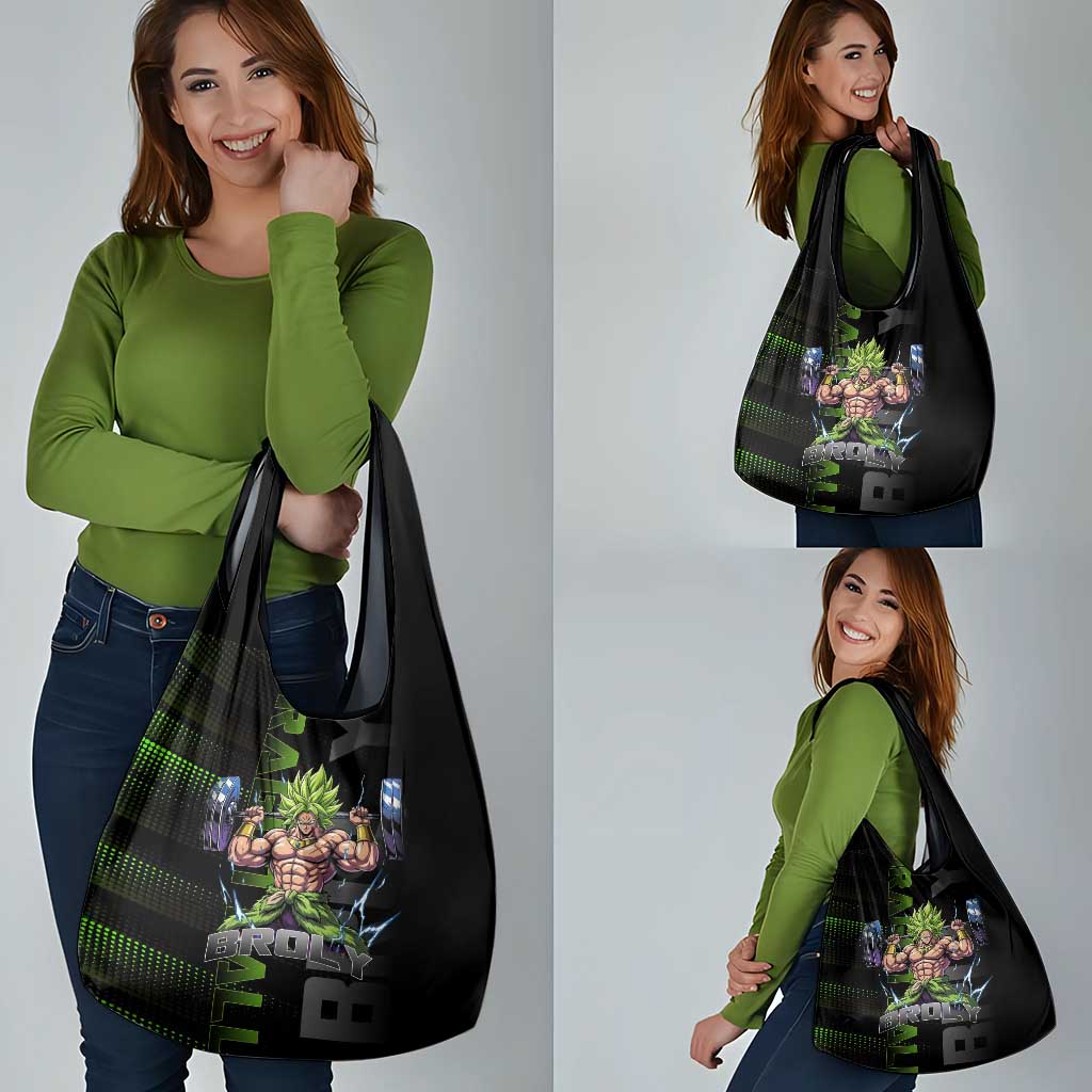 Broly Gym Theme Black and Green Design Grocery Bag with Powerlifting Pose and Electrified Muscle Artwork - The Mazicc