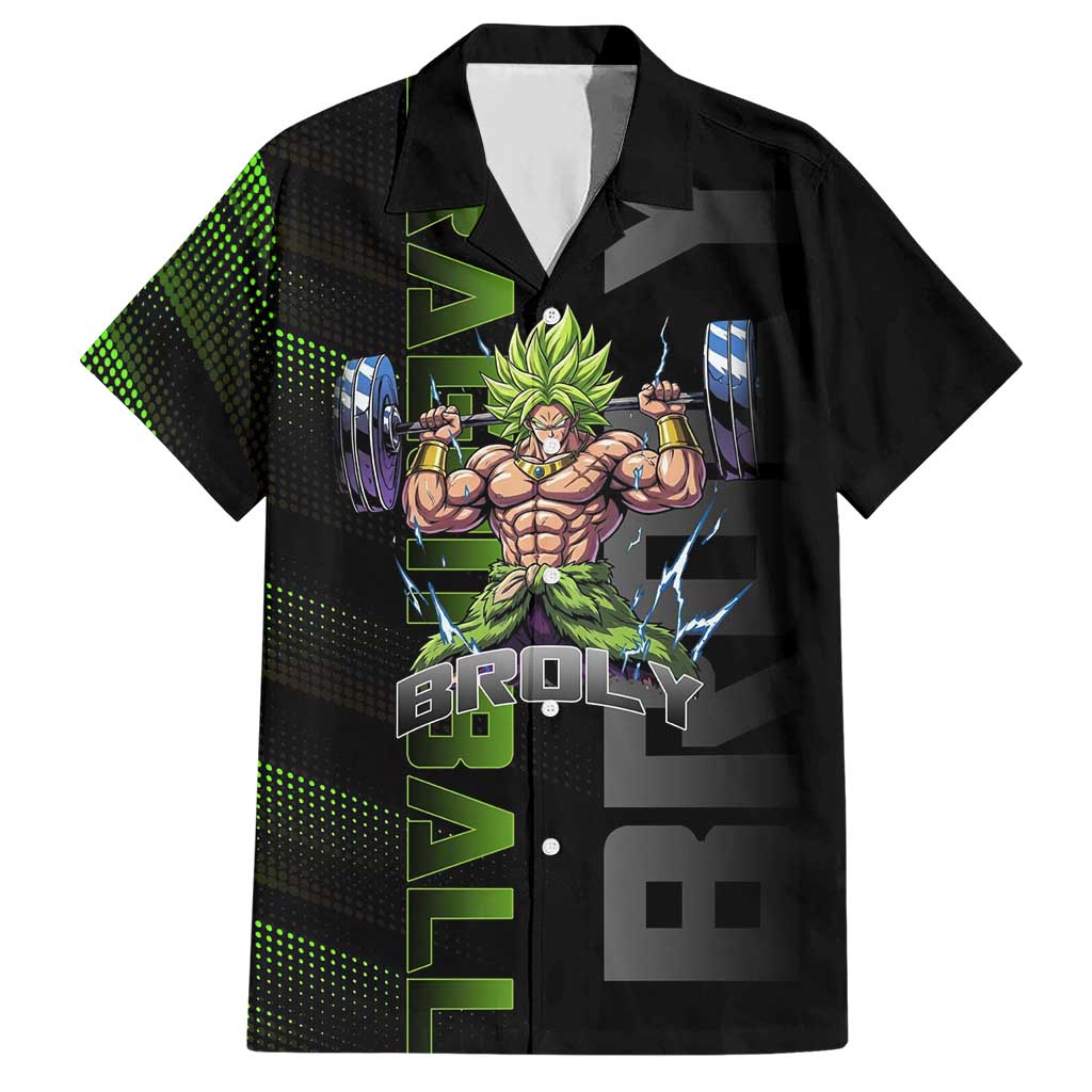 Broly Gym Theme Black and Green Design Hawaiian Shirt with Powerlifting Pose and Electrified Muscle Artwork - The Mazicc