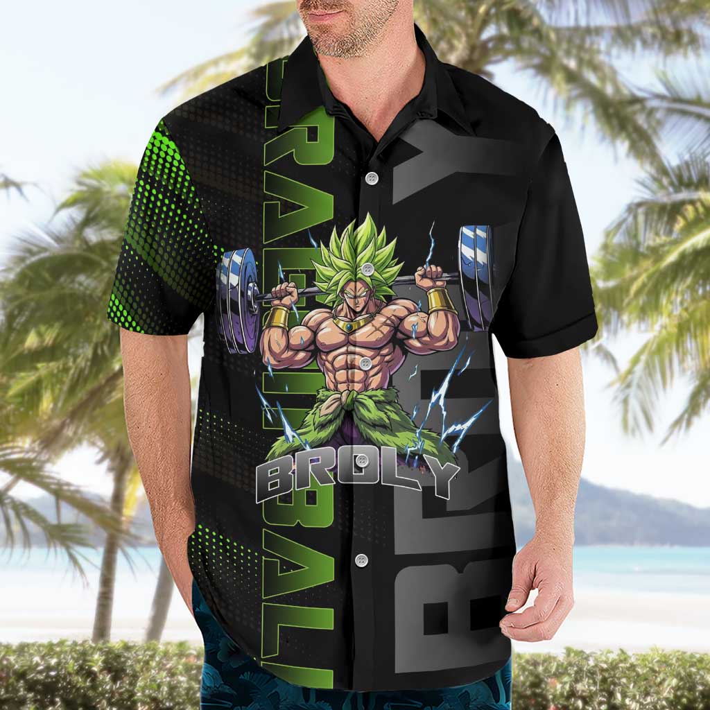 Broly Gym Theme Black and Green Design Hawaiian Shirt with Powerlifting Pose and Electrified Muscle Artwork - The Mazicc