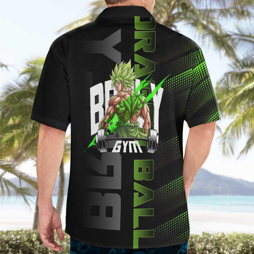 Broly Gym Theme Black and Green Design Hawaiian Shirt with Powerlifting Pose and Electrified Muscle Artwork - The Mazicc