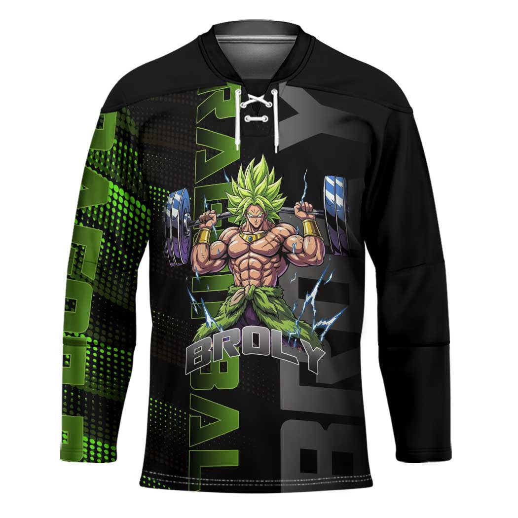 Broly Gym Theme Black and Green Design Hockey Jersey with Powerlifting Pose and Electrified Muscle Artwork - The Mazicc