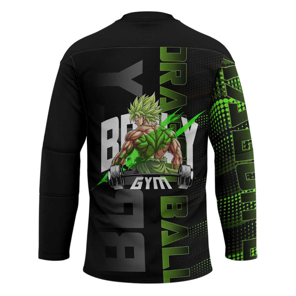 Broly Gym Theme Black and Green Design Hockey Jersey with Powerlifting Pose and Electrified Muscle Artwork - The Mazicc