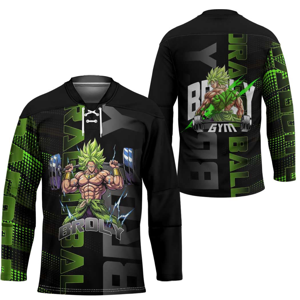 Broly Gym Theme Black and Green Design Hockey Jersey with Powerlifting Pose and Electrified Muscle Artwork - The Mazicc