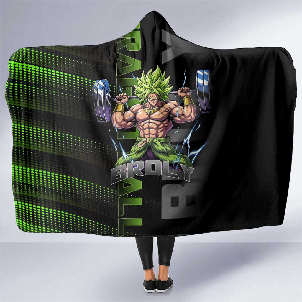 Broly Gym Theme Black and Green Design Hooded Blanket with Powerlifting Pose and Electrified Muscle Artwork - The Mazicc