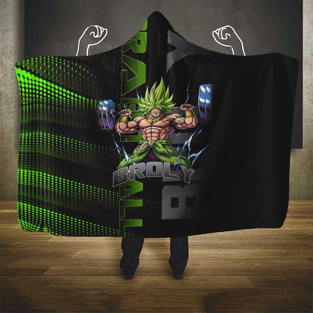 Broly Gym Theme Black and Green Design Hooded Blanket with Powerlifting Pose and Electrified Muscle Artwork - The Mazicc