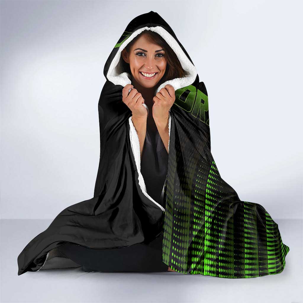 Broly Gym Theme Black and Green Design Hooded Blanket with Powerlifting Pose and Electrified Muscle Artwork - The Mazicc