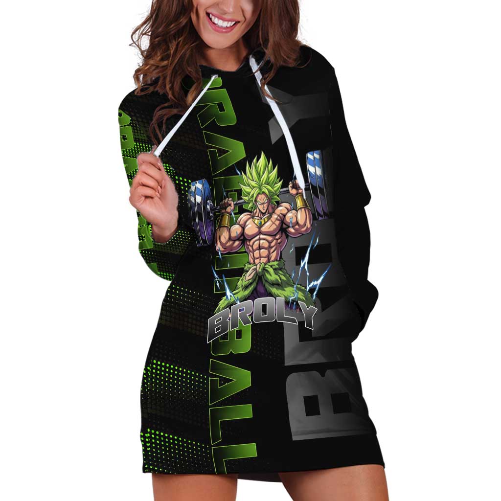 Broly Gym Theme Black and Green Design Hoodie Dress with Powerlifting Pose and Electrified Muscle Artwork - The Mazicc