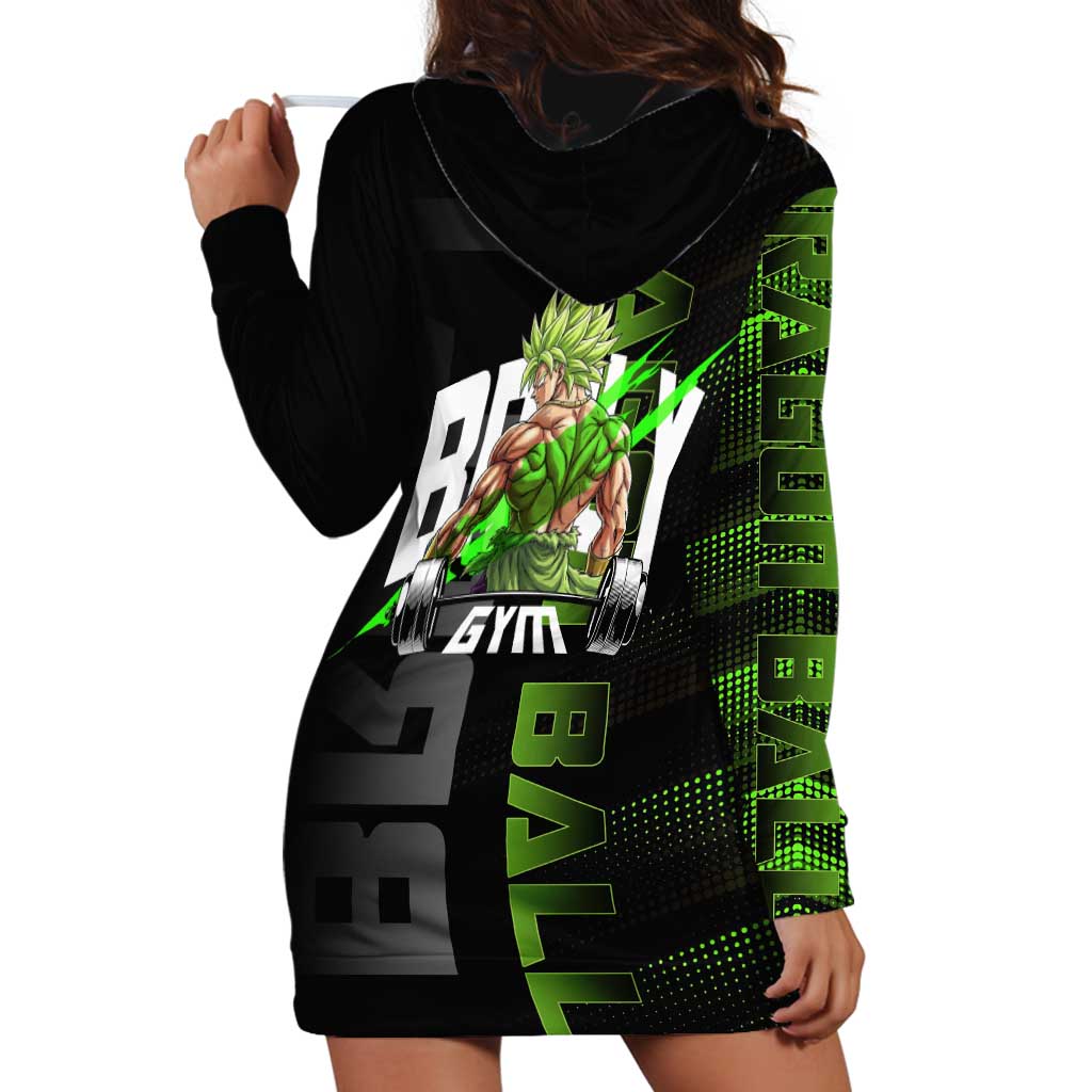Broly Gym Theme Black and Green Design Hoodie Dress with Powerlifting Pose and Electrified Muscle Artwork - The Mazicc