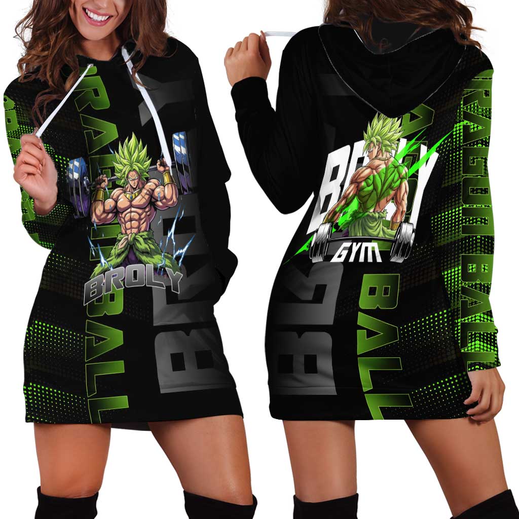 Broly Gym Theme Black and Green Design Hoodie Dress with Powerlifting Pose and Electrified Muscle Artwork - The Mazicc