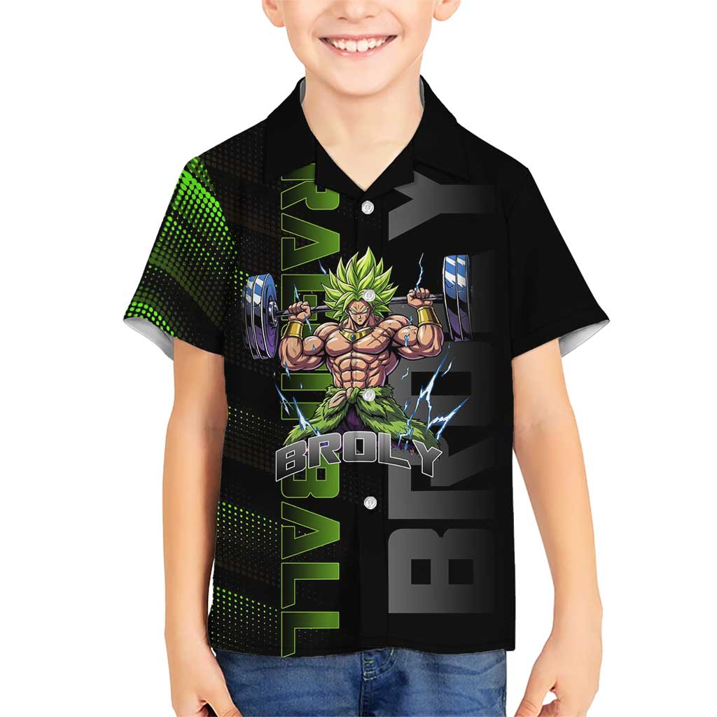 Broly Gym Theme Black and Green Design Kid Hawaiian Shirt with Powerlifting Pose and Electrified Muscle Artwork - The Mazicc