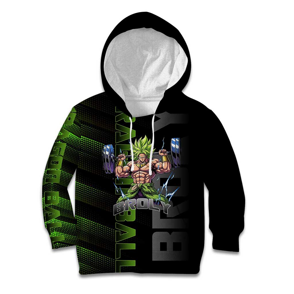 Broly Gym Theme Black and Green Design Kid Hoodie with Powerlifting Pose and Electrified Muscle Artwork - The Mazicc