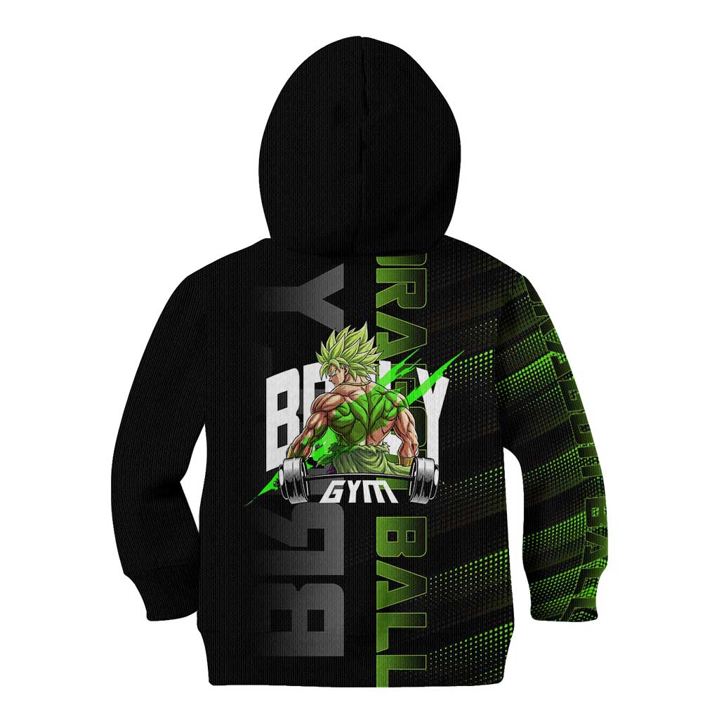 Broly Gym Theme Black and Green Design Kid Hoodie with Powerlifting Pose and Electrified Muscle Artwork - The Mazicc