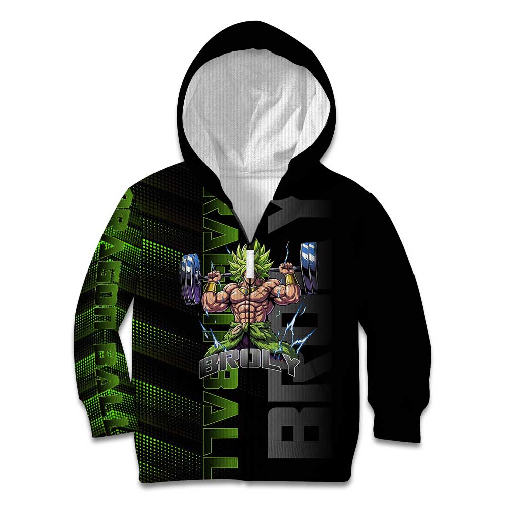 Broly Gym Theme Black and Green Design Kid Hoodie with Powerlifting Pose and Electrified Muscle Artwork - The Mazicc