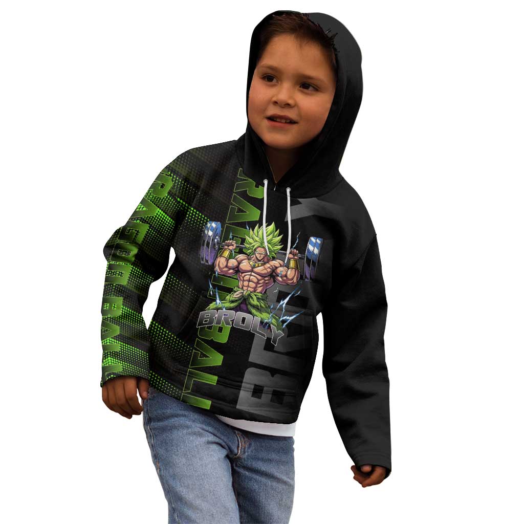 Broly Gym Theme Black and Green Design Kid Hoodie with Powerlifting Pose and Electrified Muscle Artwork - The Mazicc