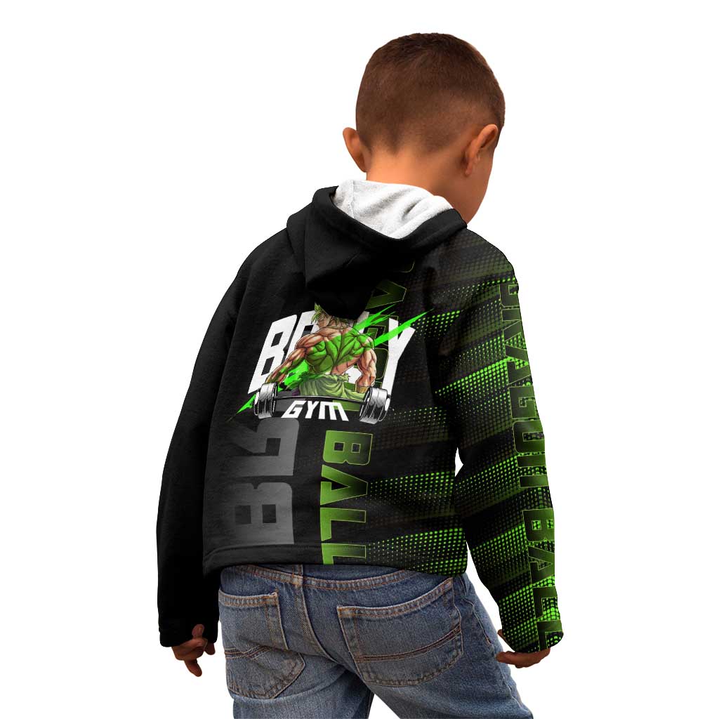 Broly Gym Theme Black and Green Design Kid Hoodie with Powerlifting Pose and Electrified Muscle Artwork - The Mazicc