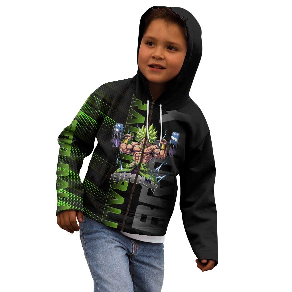 Broly Gym Theme Black and Green Design Kid Hoodie with Powerlifting Pose and Electrified Muscle Artwork - The Mazicc