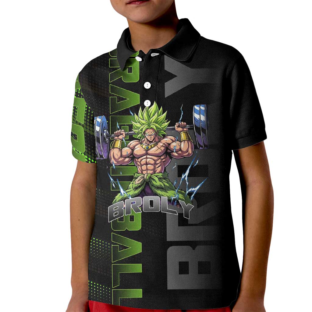 Broly Gym Theme Black and Green Design Kid Polo Shirt with Powerlifting Pose and Electrified Muscle Artwork - The Mazicc