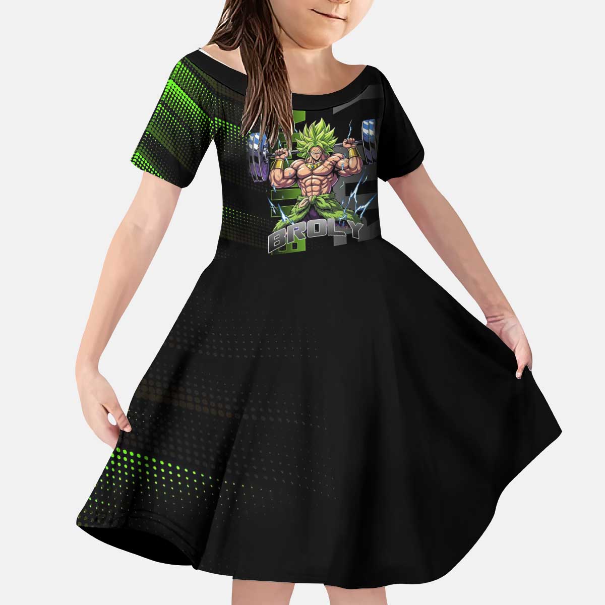 Broly Gym Theme Black and Green Design Kid Short Sleeve Dress with Powerlifting Pose and Electrified Muscle Artwork - The Mazicc