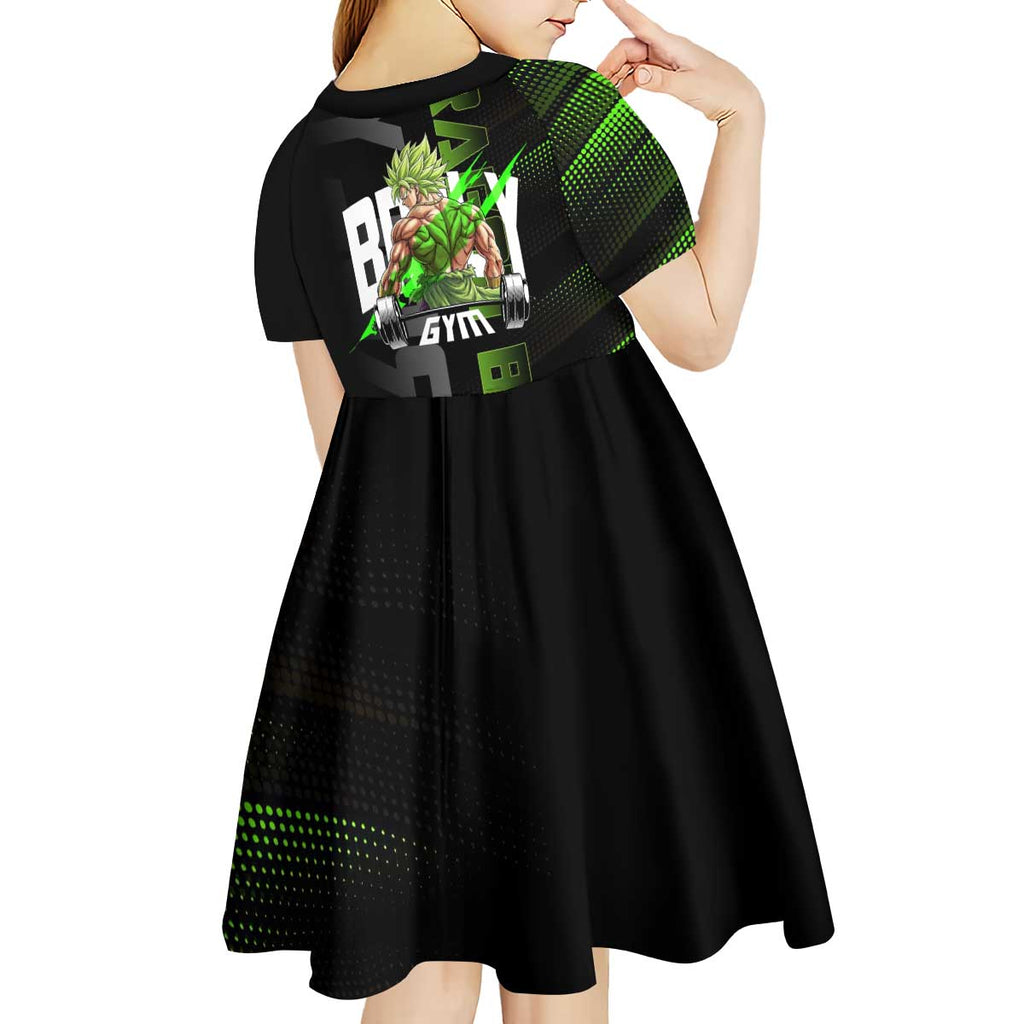 Broly Gym Theme Black and Green Design Kid Short Sleeve Dress with Powerlifting Pose and Electrified Muscle Artwork - The Mazicc