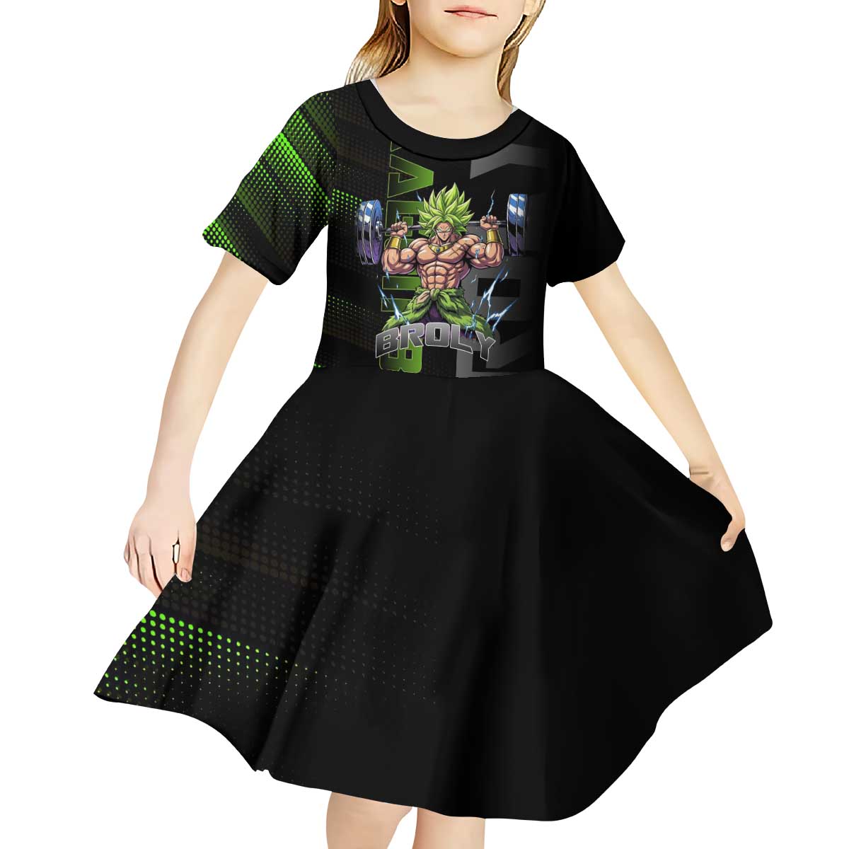 Broly Gym Theme Black and Green Design Kid Short Sleeve Dress with Powerlifting Pose and Electrified Muscle Artwork - The Mazicc