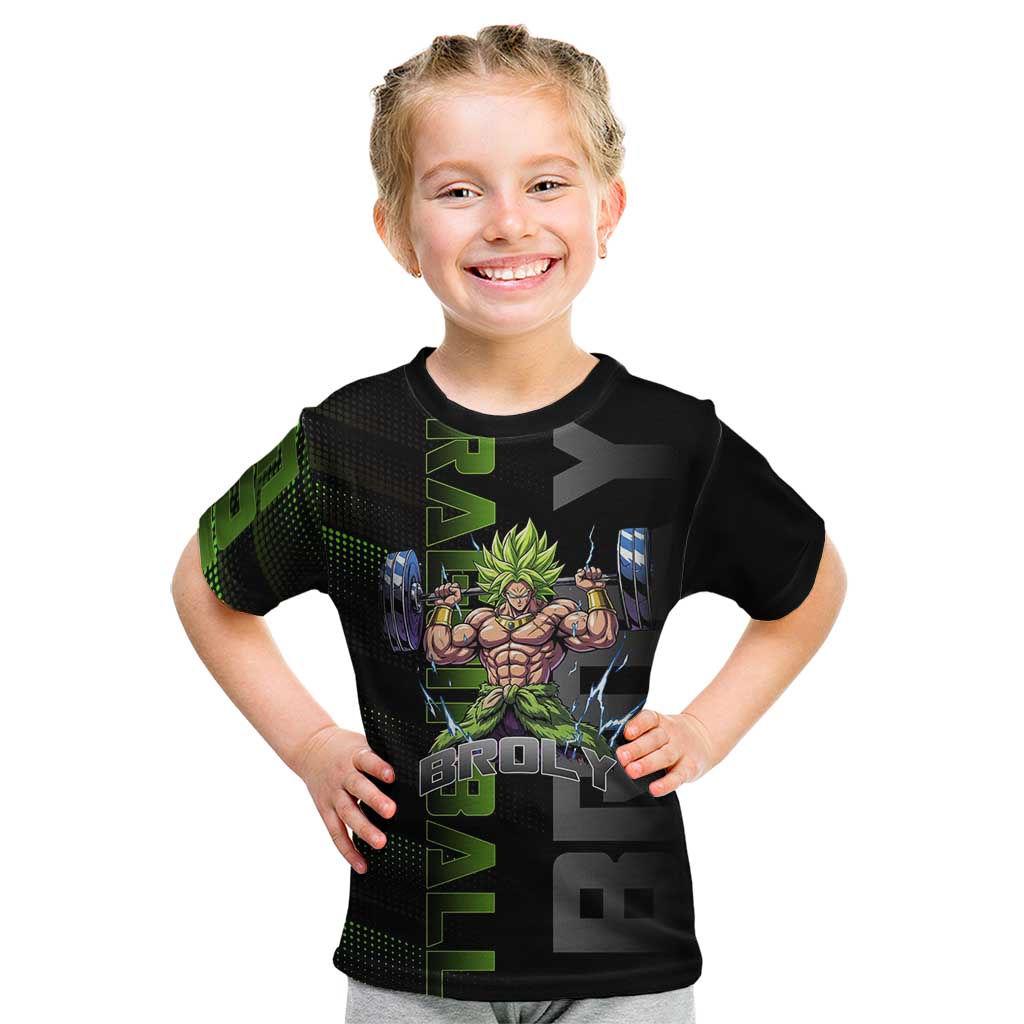 Broly Gym Theme Black and Green Design Kid T Shirt with Powerlifting Pose and Electrified Muscle Artwork - The Mazicc