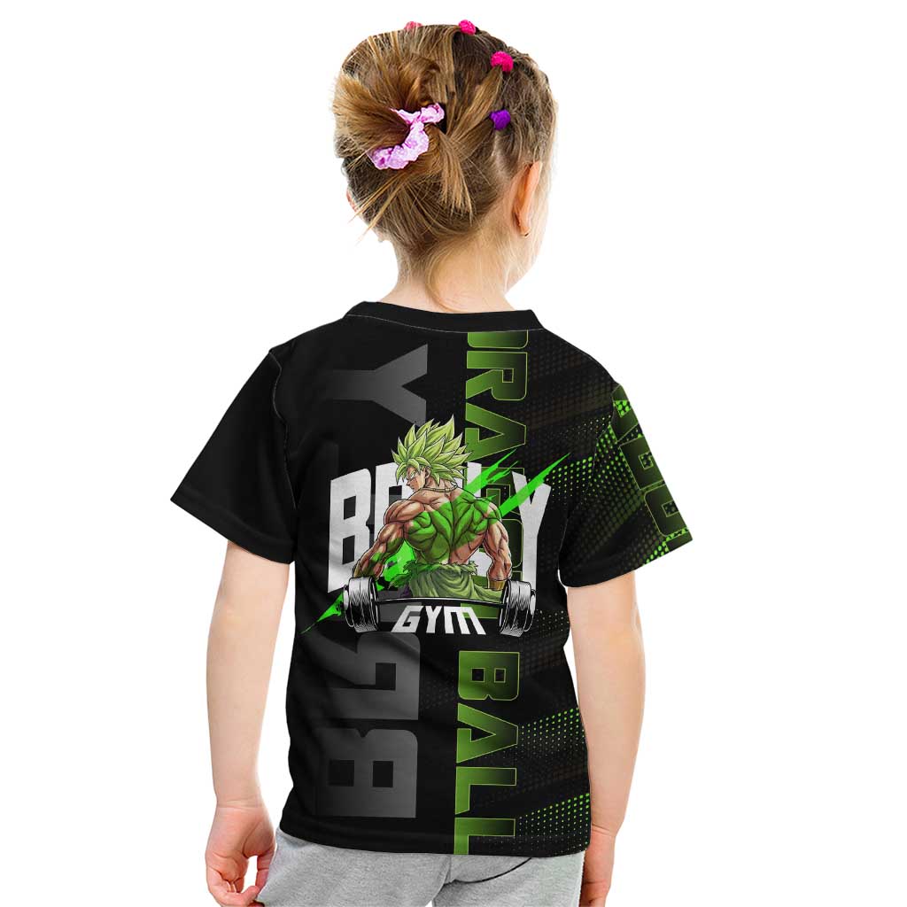 Broly Gym Theme Black and Green Design Kid T Shirt with Powerlifting Pose and Electrified Muscle Artwork - The Mazicc
