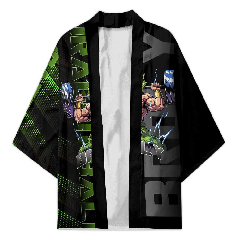 Broly Gym Theme Black and Green Design Kimono with Powerlifting Pose and Electrified Muscle Artwork - The Mazicc