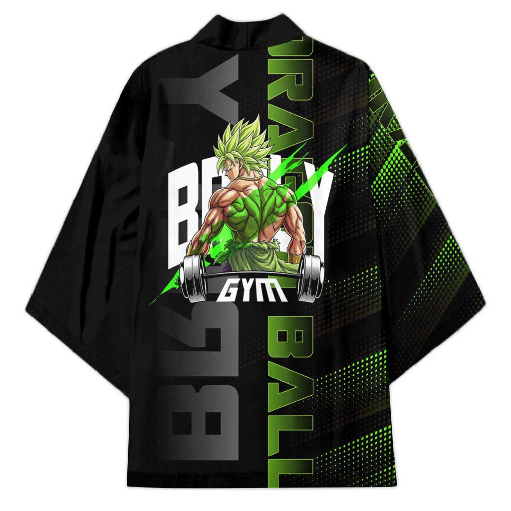 Broly Gym Theme Black and Green Design Kimono with Powerlifting Pose and Electrified Muscle Artwork - The Mazicc