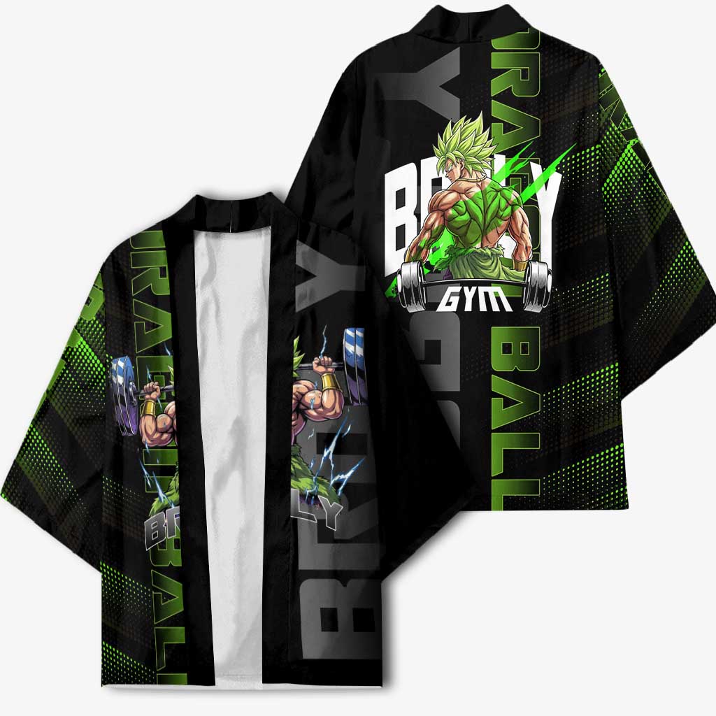 Broly Gym Theme Black and Green Design Kimono with Powerlifting Pose and Electrified Muscle Artwork - The Mazicc