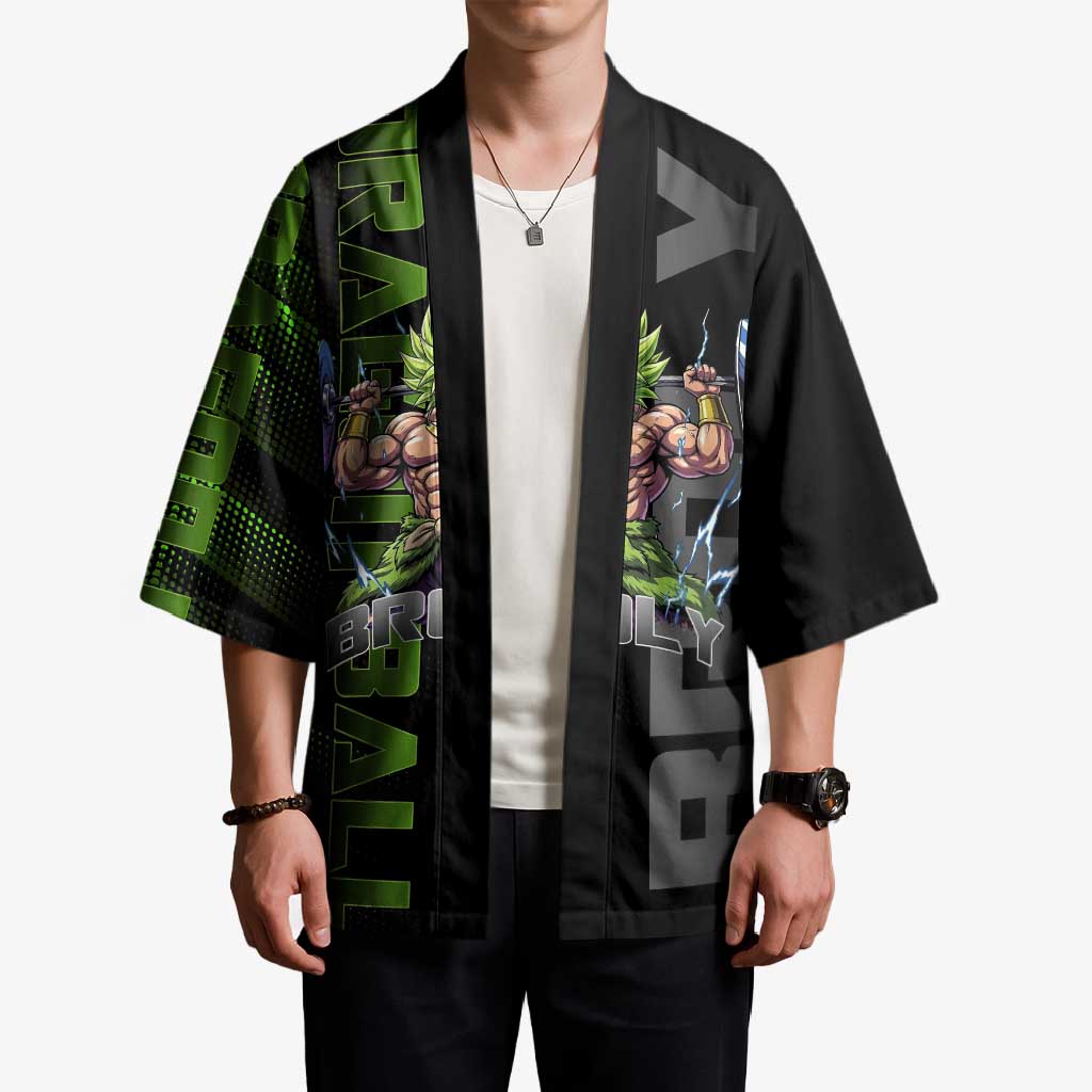 Broly Gym Theme Black and Green Design Kimono with Powerlifting Pose and Electrified Muscle Artwork - The Mazicc