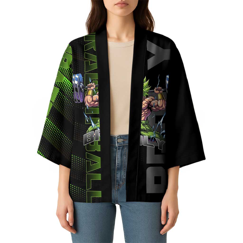 Broly Gym Theme Black and Green Design Kimono with Powerlifting Pose and Electrified Muscle Artwork - The Mazicc