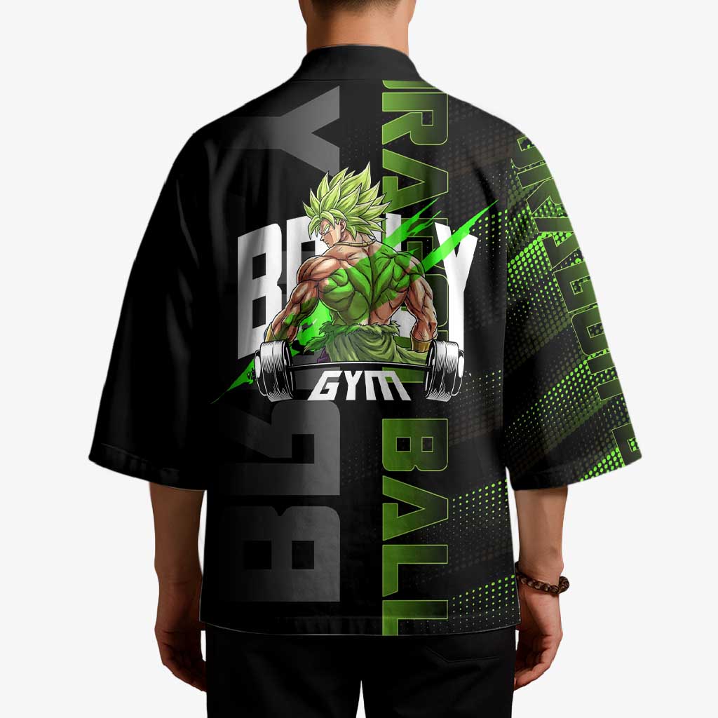 Broly Gym Theme Black and Green Design Kimono with Powerlifting Pose and Electrified Muscle Artwork - The Mazicc
