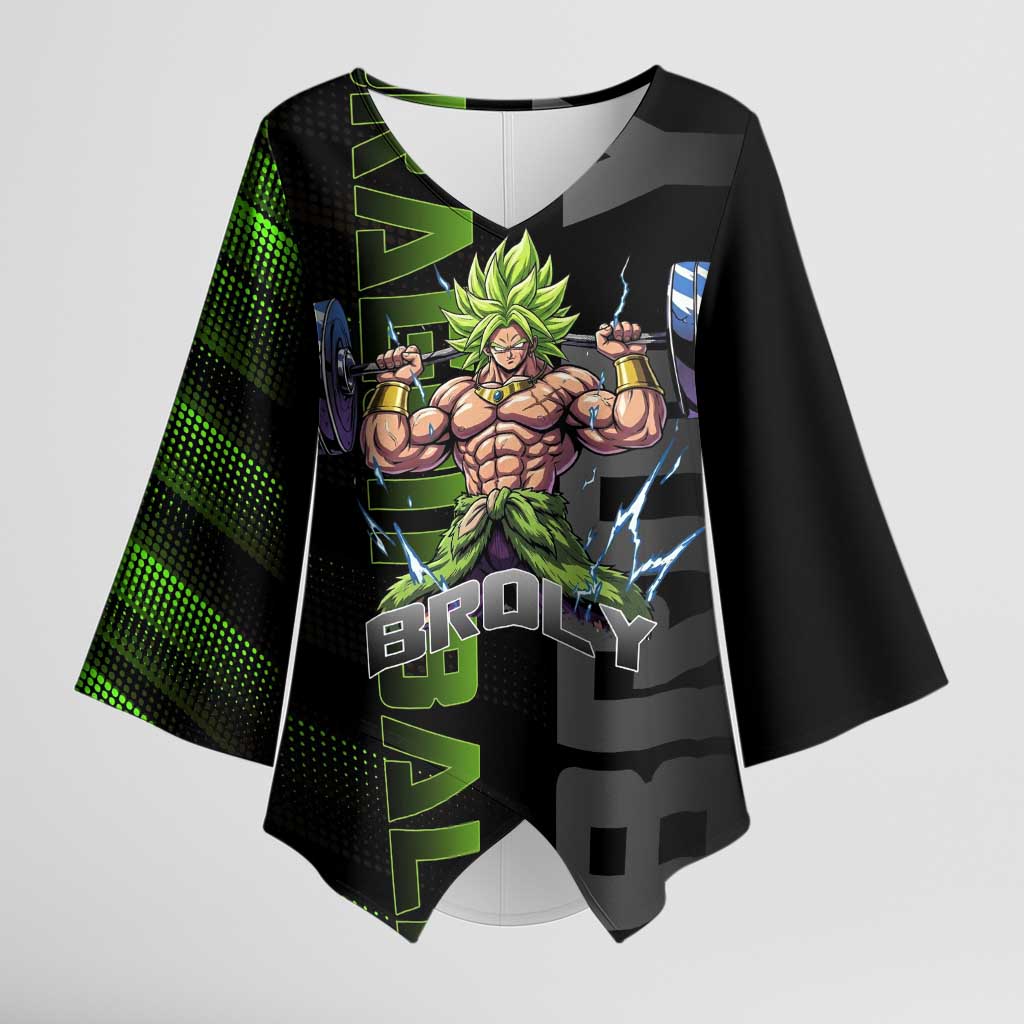 Broly Gym Theme Black and Green Design Kimono Sleeve Blouse with Powerlifting Pose and Electrified Muscle Artwork - The Mazicc